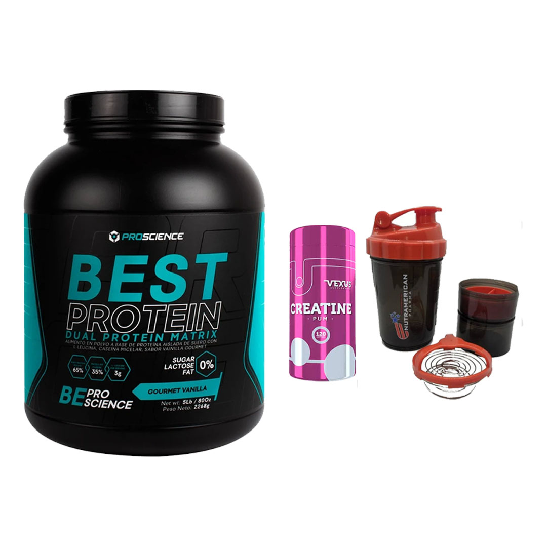 BEST PROTEIN PROSCIENCE 5LB + CREATINA HCL 120 CAP VEXUS + SHAKER 3 EN